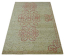 5x8 Olive, Silver and dark Peach Hand Knotted Traditional Floral wool area Rug