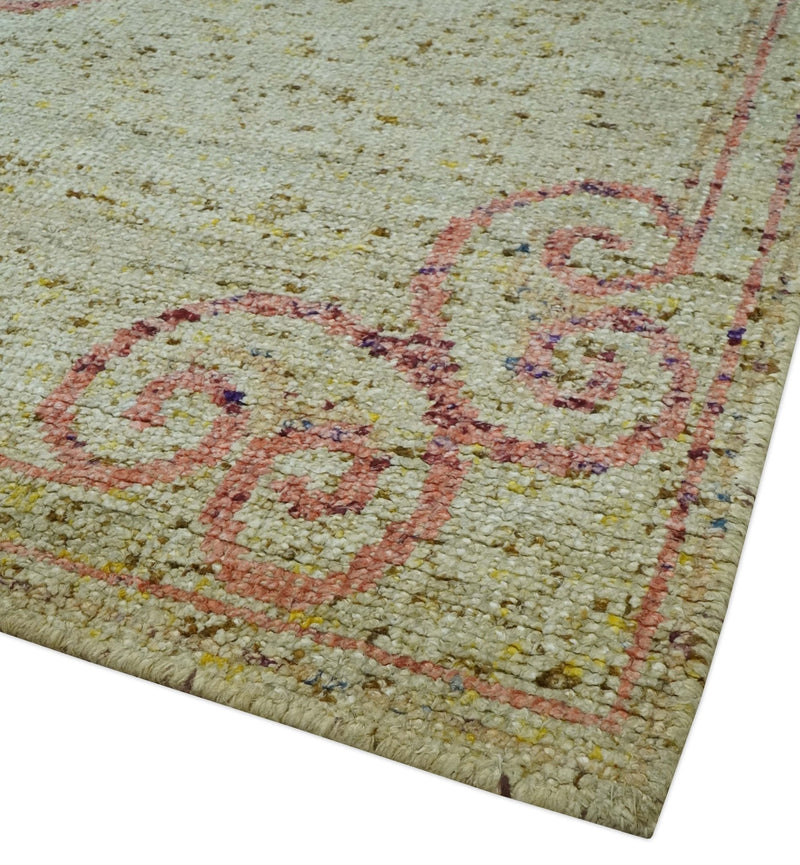5x8 Olive, Silver and dark Peach Hand Knotted Traditional Floral wool area Rug