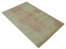 5x8 Olive, Silver and dark Peach Hand Knotted Traditional Floral wool area Rug
