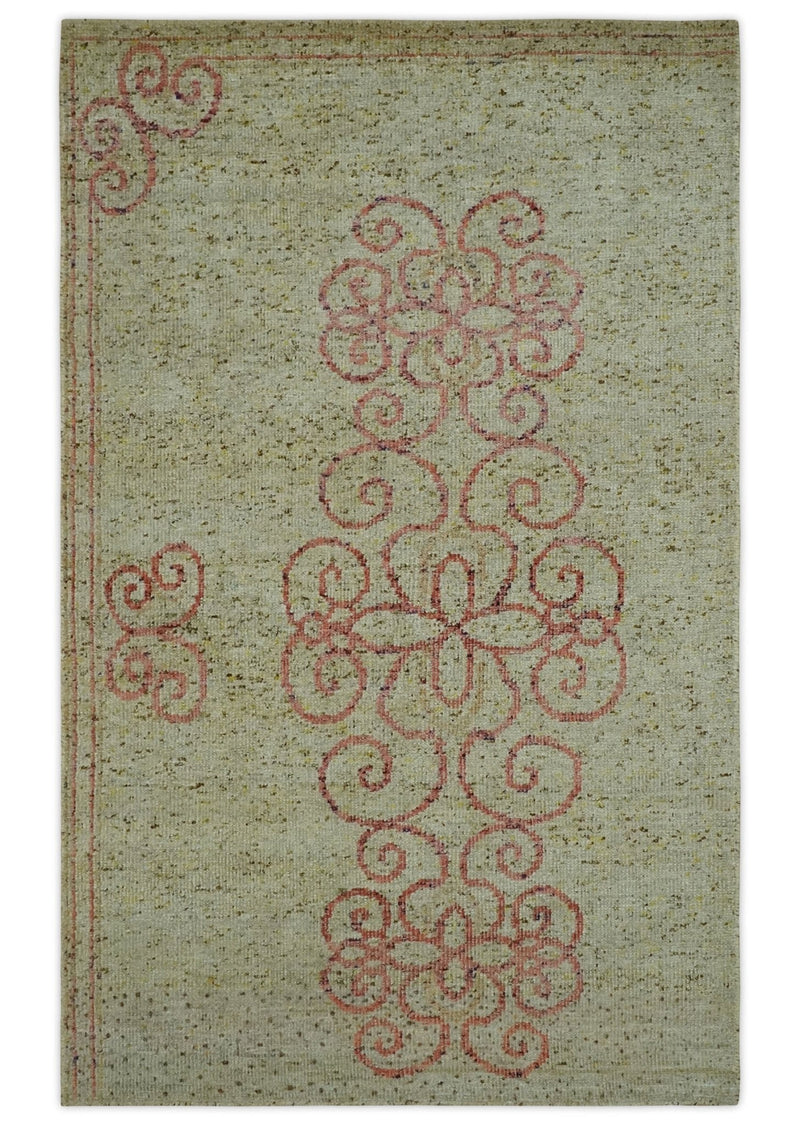 5x8 Olive, Silver and dark Peach Hand Knotted Traditional Floral wool area Rug