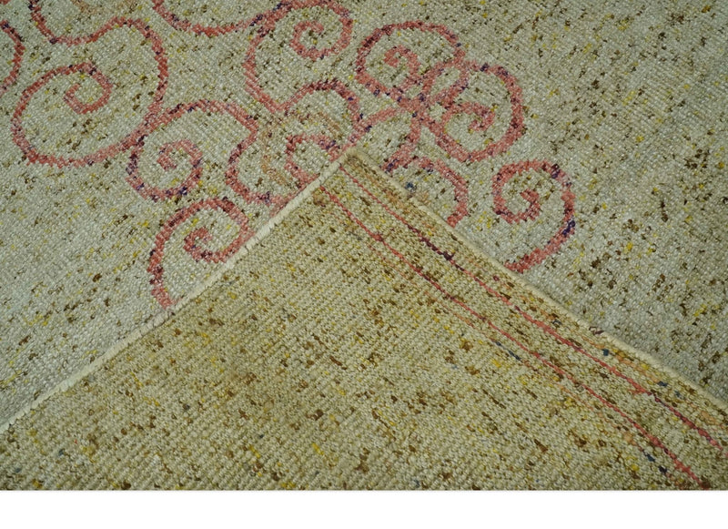 5x8 Olive, Silver and dark Peach Hand Knotted Traditional Floral wool area Rug