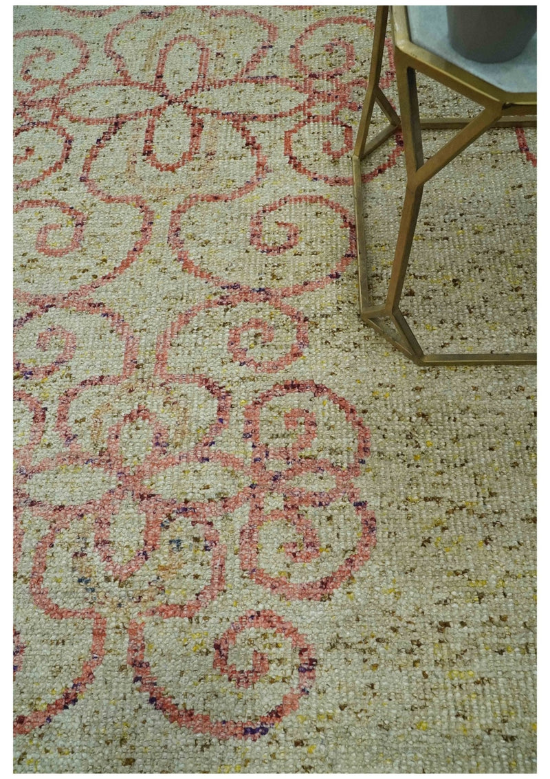 5x8 Olive, Silver and dark Peach Hand Knotted Traditional Floral wool area Rug