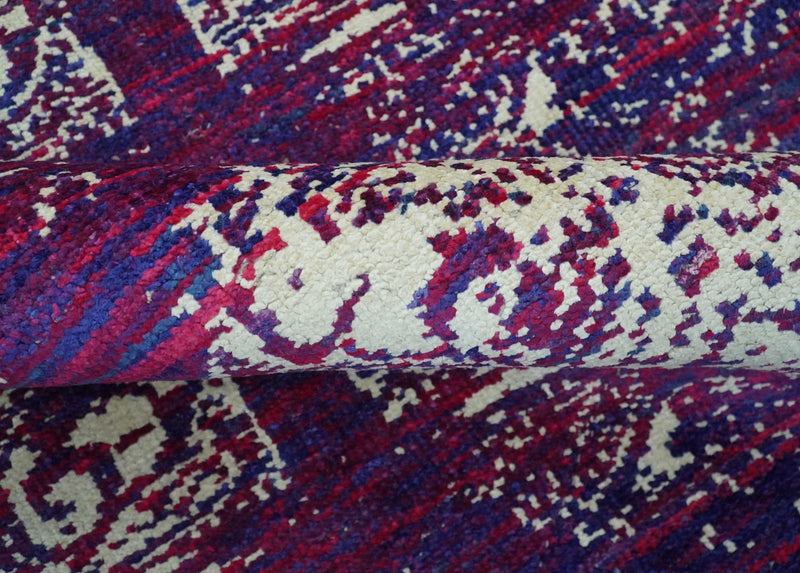 5x8 Purple, Maroon and Ivory Traditional Large Ikat Design Hand Knotted wool Area Rug
