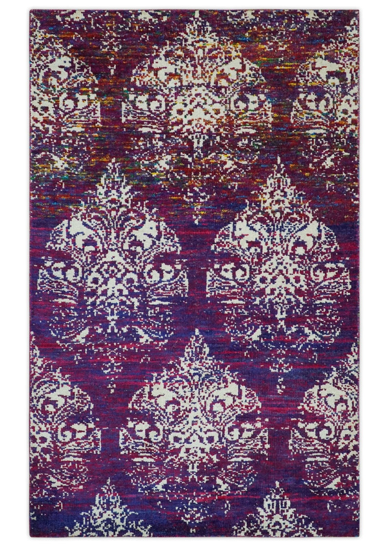 5x8 Purple, Maroon and Ivory Traditional Large Ikat Design Hand Knotted wool Area Rug