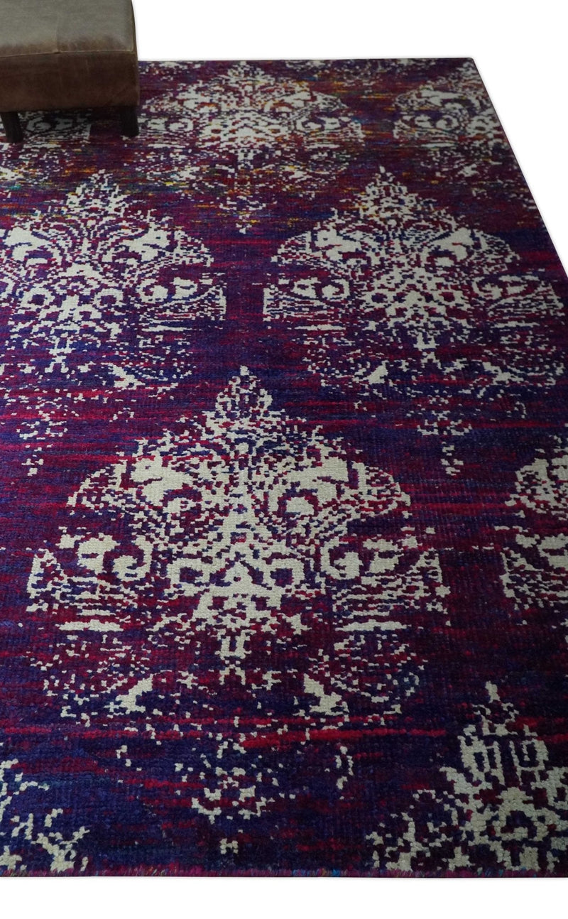 5x8 Purple, Maroon and Ivory Traditional Large Ikat Design Hand Knotted wool Area Rug