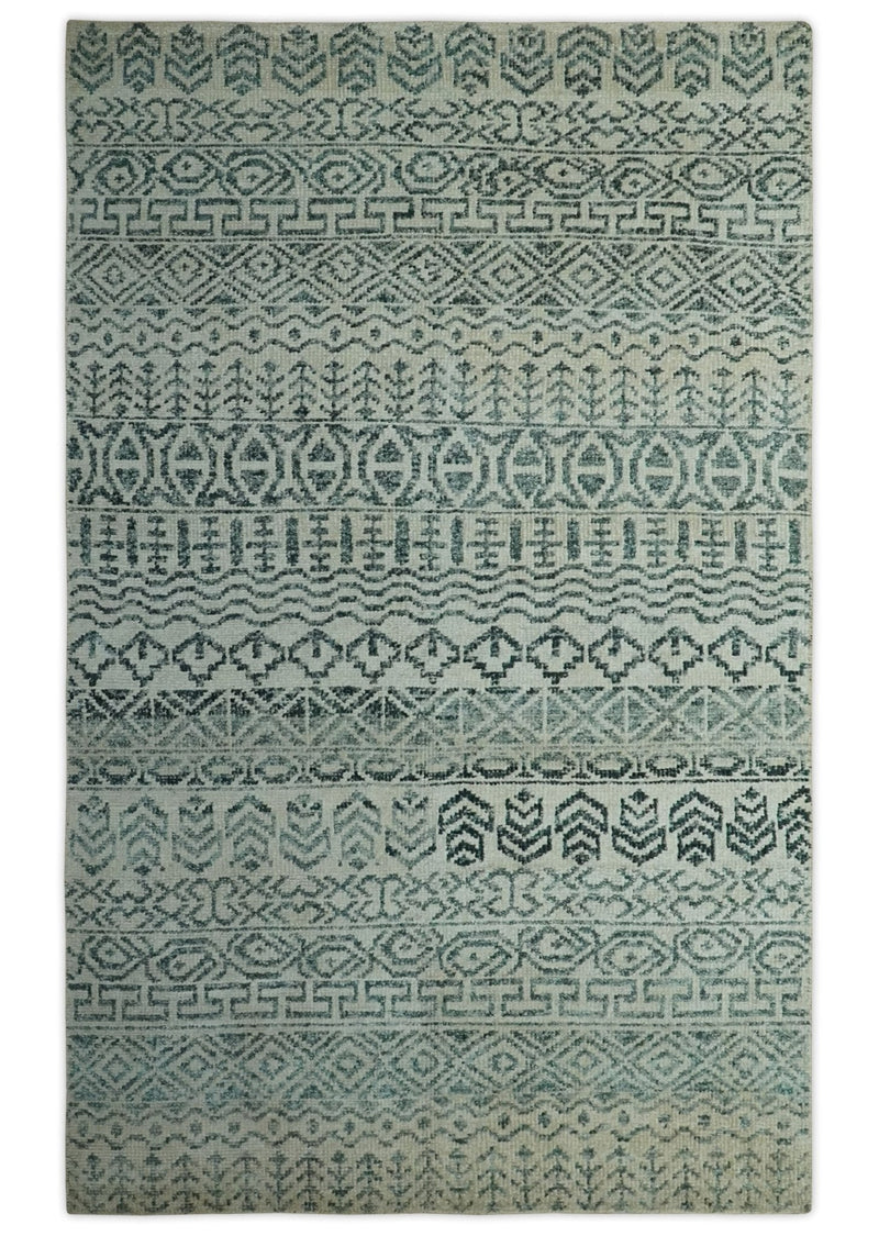 5x8 Teal and Silver Hand Knotted Southwestern Tribal Trellis wool Area Rug