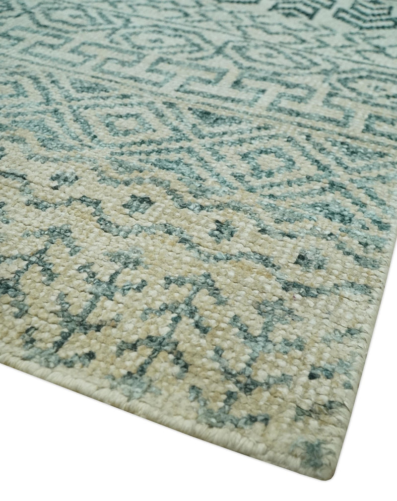 5x8 Teal and Silver Hand Knotted Southwestern Tribal Trellis wool Area Rug