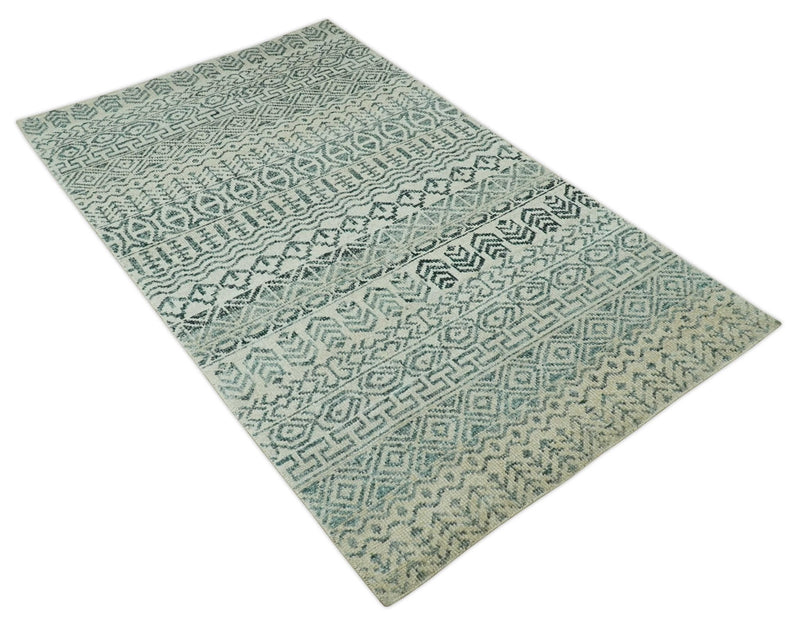 5x8 Teal and Silver Hand Knotted Southwestern Tribal Trellis wool Area Rug