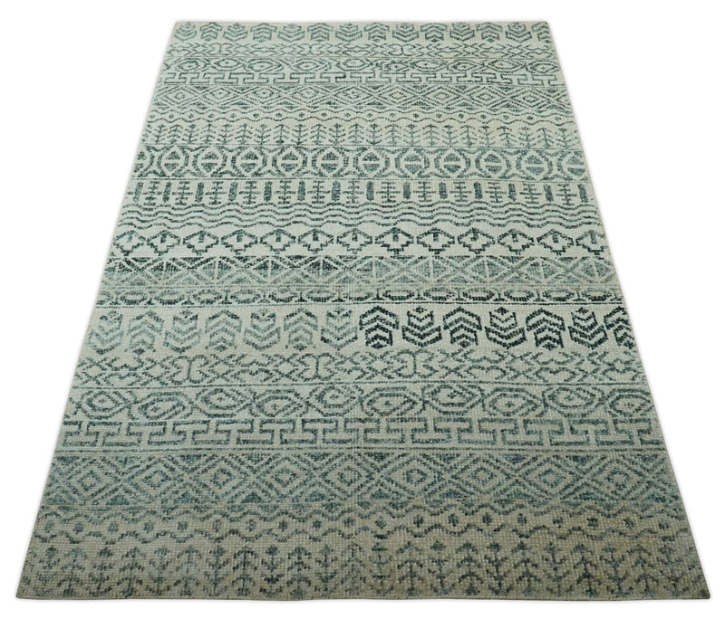 5x8 Teal and Silver Hand Knotted Southwestern Tribal Trellis wool Area Rug