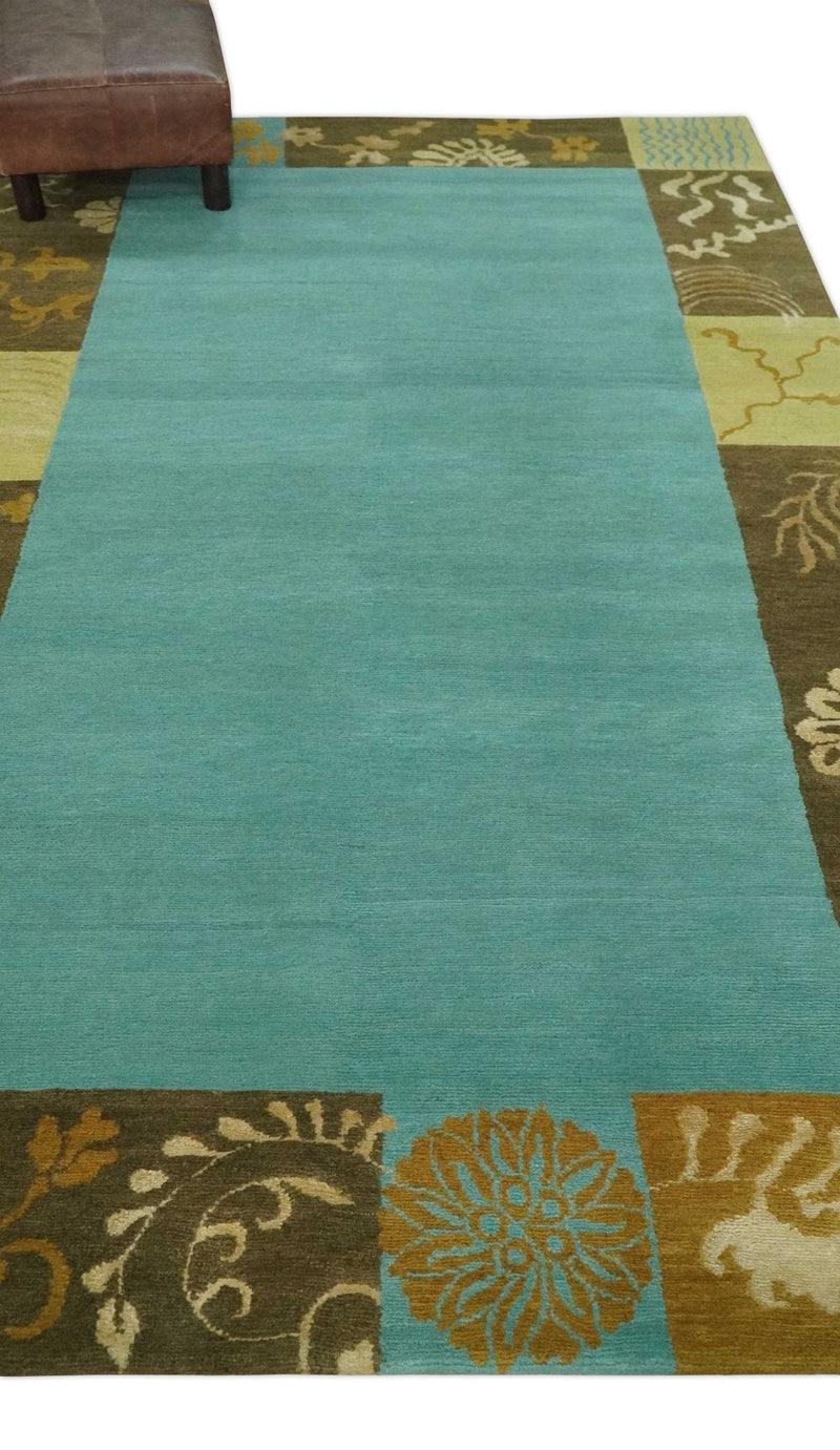 5x8 Teal, Olive and Brown Tradition Floral Boarder Hand knotted Wool and Art Silk Area Rug