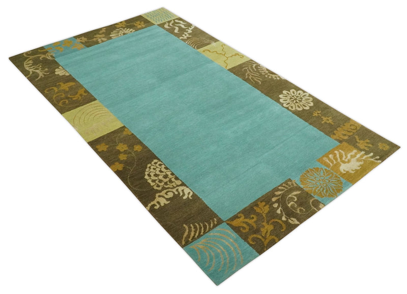 5x8 Teal, Olive and Brown Tradition Floral Boarder Hand knotted Wool and Art Silk Area Rug