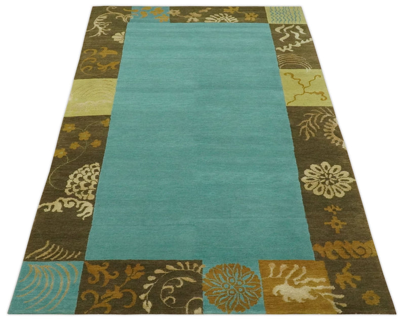 5x8 Teal, Olive and Brown Tradition Floral Boarder Hand knotted Wool and Art Silk Area Rug