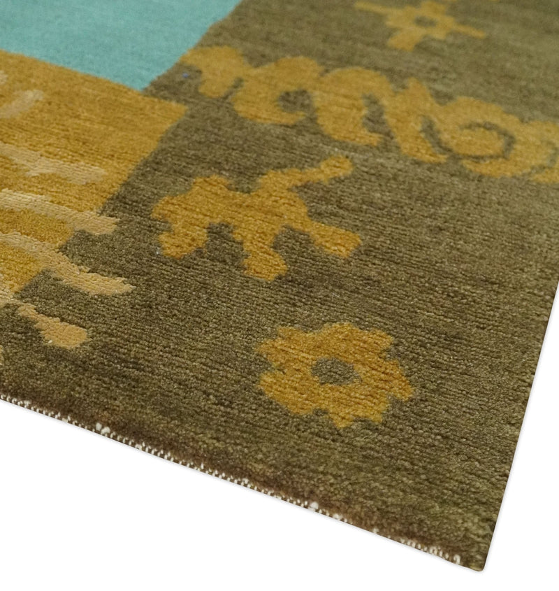 5x8 Teal, Olive and Brown Tradition Floral Boarder Hand knotted Wool and Art Silk Area Rug