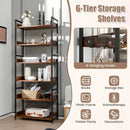 6-Tier Tall Industrial Bookcase with Open Shelves and 4 Hooks-Brown by LJGDeals