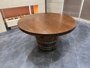 Whiskey & Wine Barrel Game Table Set — Poker and Dining Tops, 6 Chairs, Dark Navy Upholstery