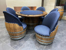 Whiskey & Wine Barrel Game Table Set — Poker and Dining Tops, 6 Chairs, Dark Navy Upholstery
