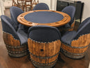 Whiskey & Wine Barrel Game Table Set — Poker and Dining Tops, 6 Chairs, Dark Navy Upholstery
