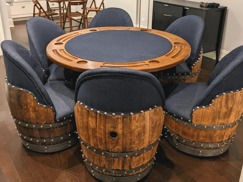 Dak Navy Blue Wine Barrel Whiskey Barrel Poker Set with Removable Dining Top - Game Table & Barrel Chair - Wine Barrel Table for Dining and Poker