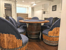 Whiskey & Wine Barrel Game Table Set — Poker and Dining Tops, 6 Chairs, Dark Navy Upholstery
