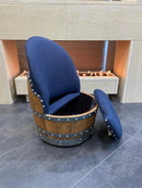 Whiskey & Wine Barrel Game Table Set — Poker and Dining Tops, 6 Chairs, Dark Navy Upholstery