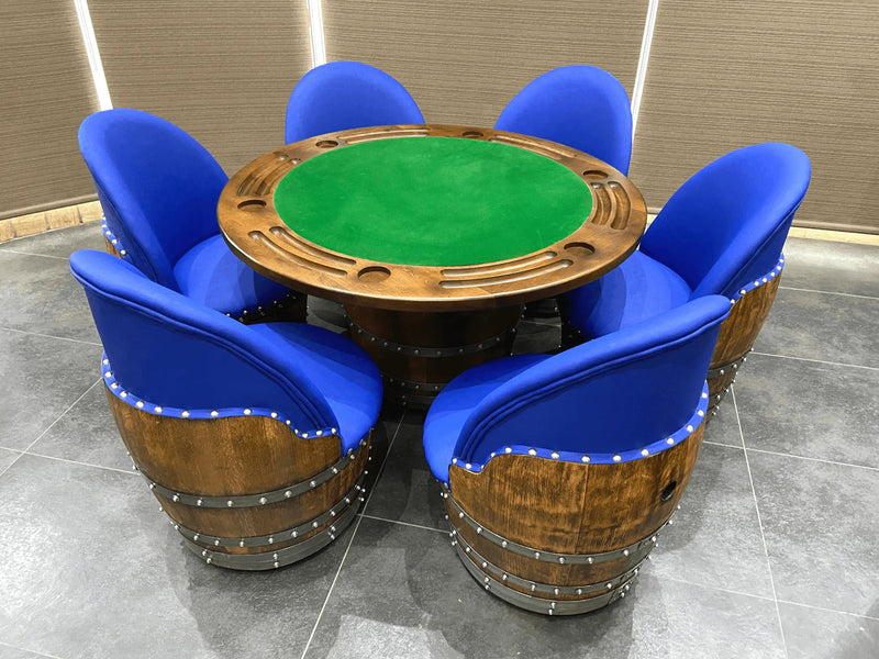 Wine Barrel Whiskey Barrel Poker Set with Removable Dining Top - Game Table & Barrel Chair - Wine Barrel Table for Dining and Poker