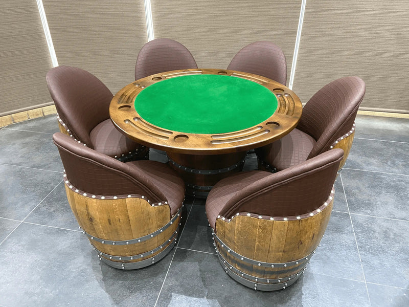 Wine Barrel Whiskey Barrel Poker Set with Removable Dining Top - Game Table & Barrel Chair - Wine Barrel Table for Dining and Poker