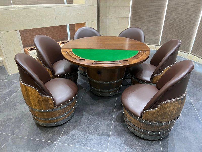 Wine Barrel Whiskey Barrel Poker Set with Removable Dining Top - Game Table & Barrel Chair - Wine Barrel Table for Dining and Poker