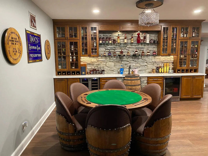 Wine Barrel Whiskey Barrel Poker Set with Removable Dining Top - Game Table & Barrel Chair - Wine Barrel Table for Dining and Poker