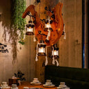 GobekUsa 6-Light Dining Room Island Chandelier with Kerosene Clear Glass Shade - Factory Wood Hanging Light