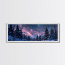 Starry Night Northern Lights, Framed Canvas Print, Beautiful Night Sky Over A Snow Capped Forest, Winter Landscape Painting, Purple Skies