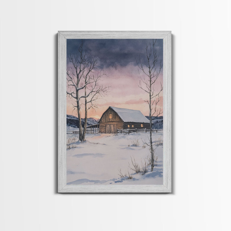 Barn In The Winter, Framed Canvas Print, Winter Landscape Print, Rustic Christmas Art, Primitive Decor