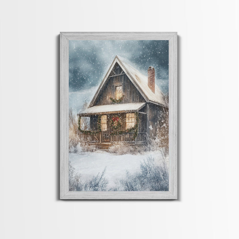 Beautiful Woods Cabin Framed Canvas Print, Extra Large Fall Decor, Mid Century Modern Winter Wall Art, Modern Christmas