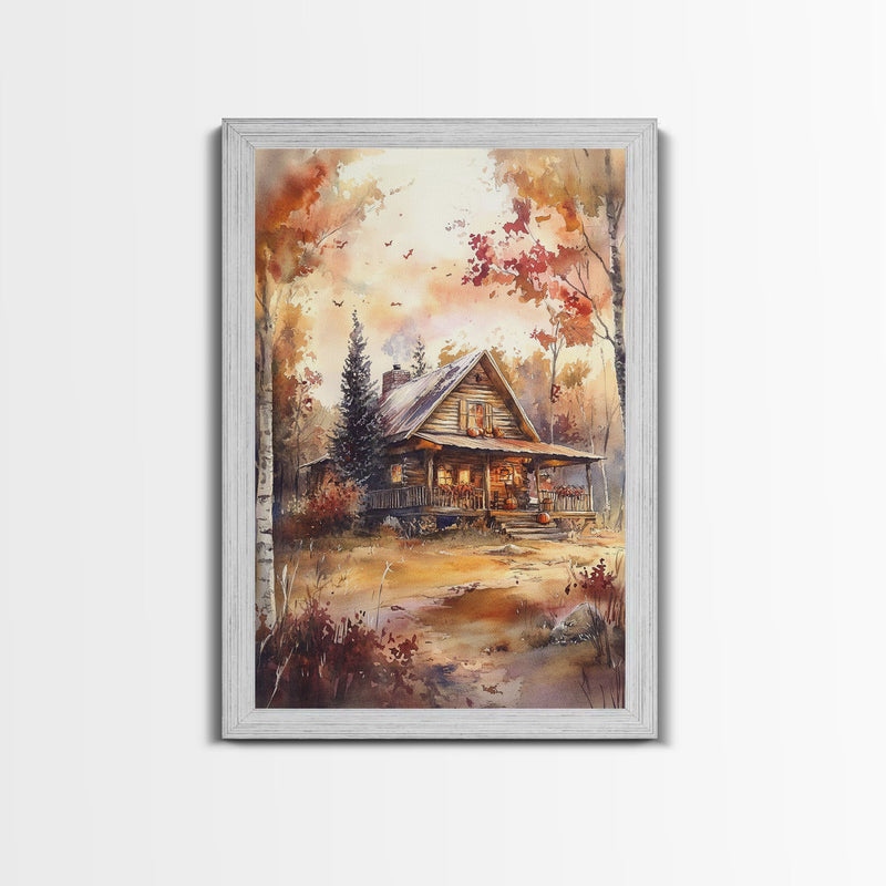 Beautiful Woods Cabin Framed Canvas Print, Extra Large Fall Decor, Mid Century Modern Autumn Wall Art, Modern Christmas