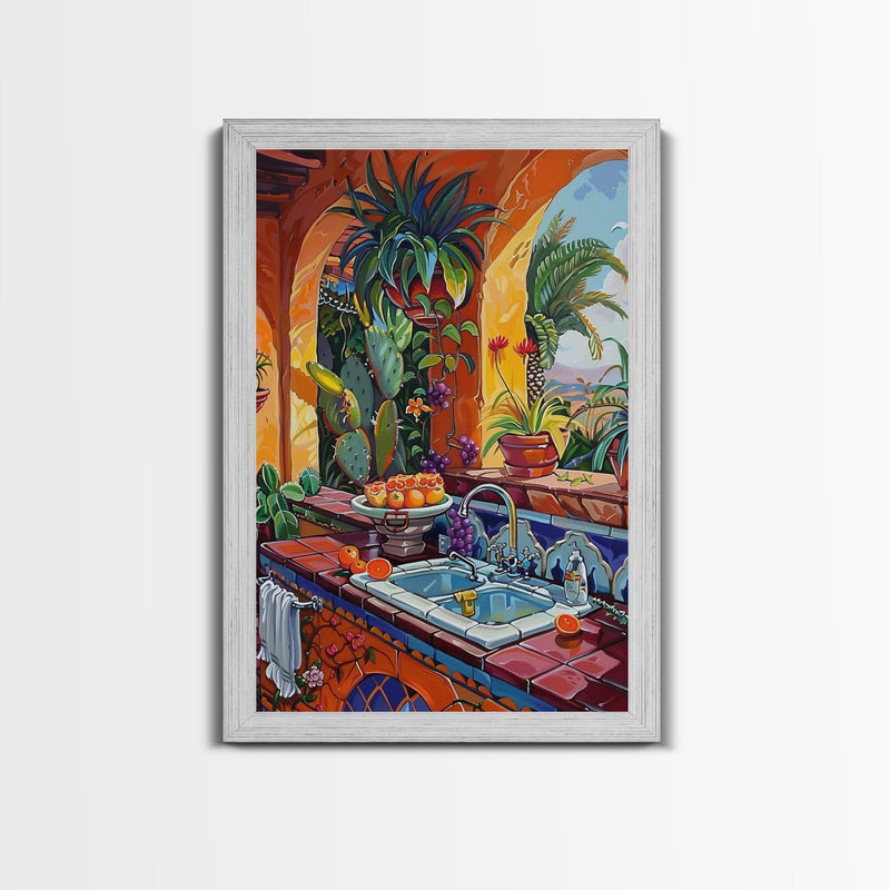 Vibrant Mexican Kitchen With Cactus And Fruit Framed Canvas Print Southwestern Art Best Gift Home Decor Bright Interior Wall Art