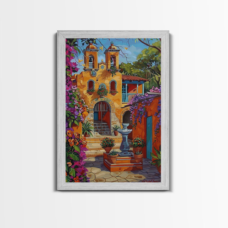 Bright Mexican Style Tall Art Framed Canvas Print Depicting Ornate Blue Door And Rustic Courtyard