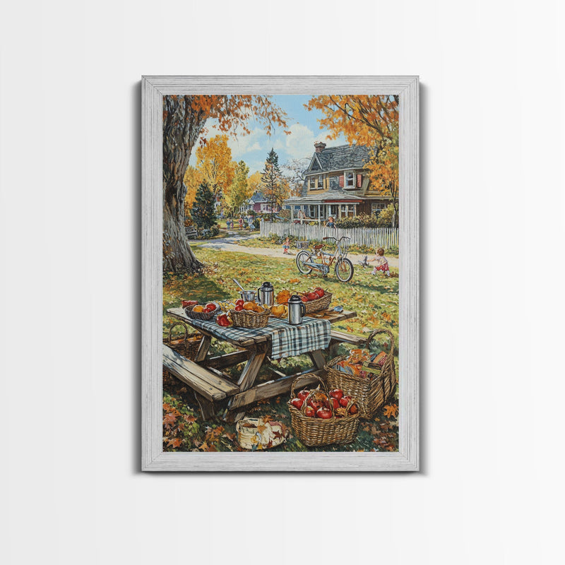 Autumn Picnic Outdoors Tall Art Framed Canvas Print With Basket Of Apples, Fall Scene Wall Art, Country Farmhouse Decor For Kitchen