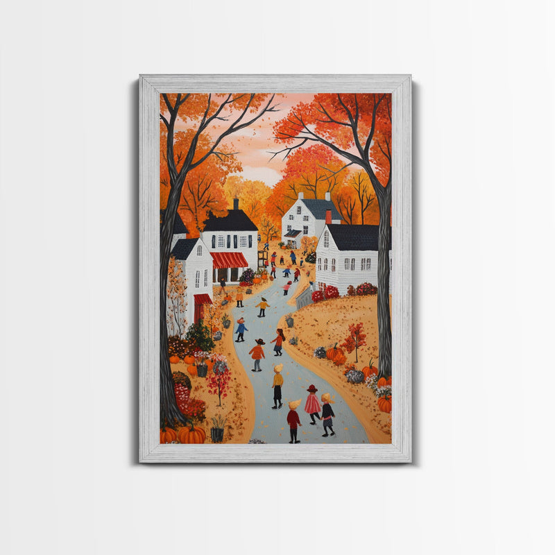 Autumn Village Scene Framed Canvas Print Tall Art With Fall Leaves And Pumpkins, Cozy Wall Art For Seasonal Farmhouse Decor