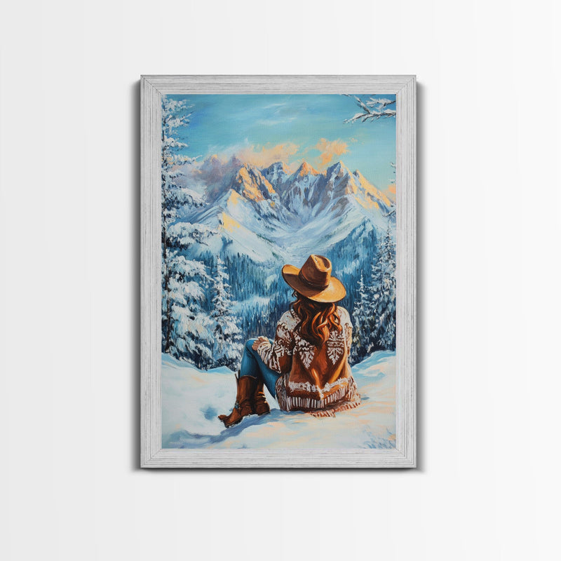 Winter mountain landscape framed canvas print peaceful snowy scene with mountains perfect for holiday home decor or Christmas gift idea