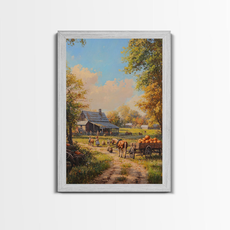 Autumn Farmhouse Harvest Scene With Pumpkins Framed Canvas Print Fall Wall Art Seasonal Home Decor Thanksgiving Wall Art Rustic Gift Idea