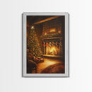 Rustic Cabin Fireplace With Christmas Tree Framed Canvas Print Warm Holiday Decor With Stockings And Christmas Lights Christmas Wall Art