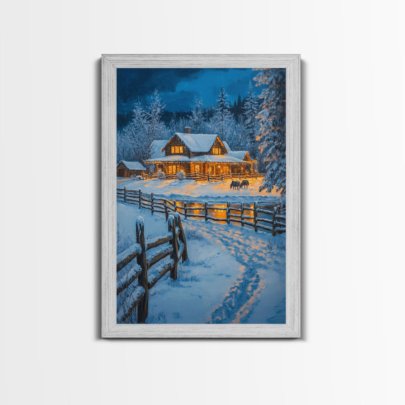 Warm Log Cabin In Snow Framed Canvas Print Wall Art Winter Holiday Decor, Country Christmas Art Gift, Rustic Winter Wonderland Art