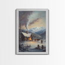 Mountain Cabin In Snow With Horses Framed Canvas Print Wall Art Rustic Winter Decor, Country Christmas Art, Winter Wonderland Scene