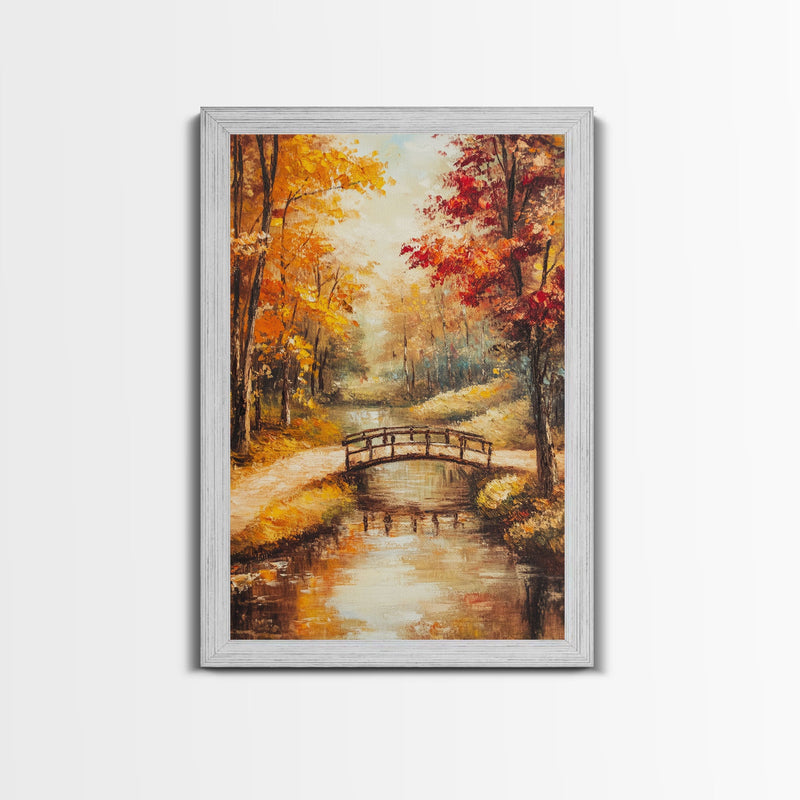 Autumn Bridge Over Stream Framed Canvas Print Wall Art Fall Landscape Decor, Rustic Autumn Art Gift, Seasonal Wall Art