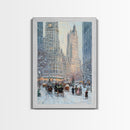 Historical City Winter Framed Canvas Print, Snowy Urban Landscape with Carriages and Victorian Architecture, Elegant Christmas Wall Art