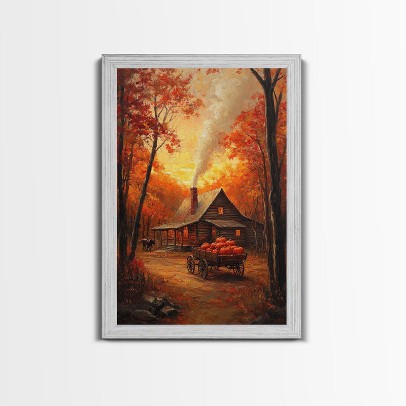 Autumn Cabin with Pumpkins Framed Canvas Print, Warm Fall Countryside Scene with Golden Leaves, Cozy Rustic Farmhouse Wall Art Decor