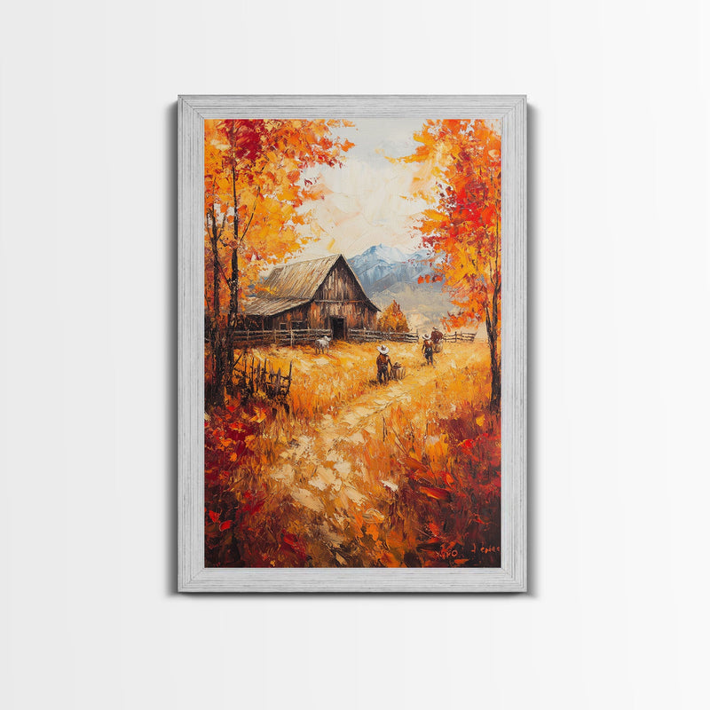 Autumn Barnyard Framed Canvas Print, Vibrant Fall Landscape Cowboy and Barn, Perfect Rustic Wall Art Farmhouse or Ranch Style Fall Decor