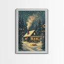 Cozy Cabin in Snowy Winter Forest, Warm Christmas Lights and Peaceful Holiday Scene, Perfect for Winter Wall Art, Framed Canvas Print