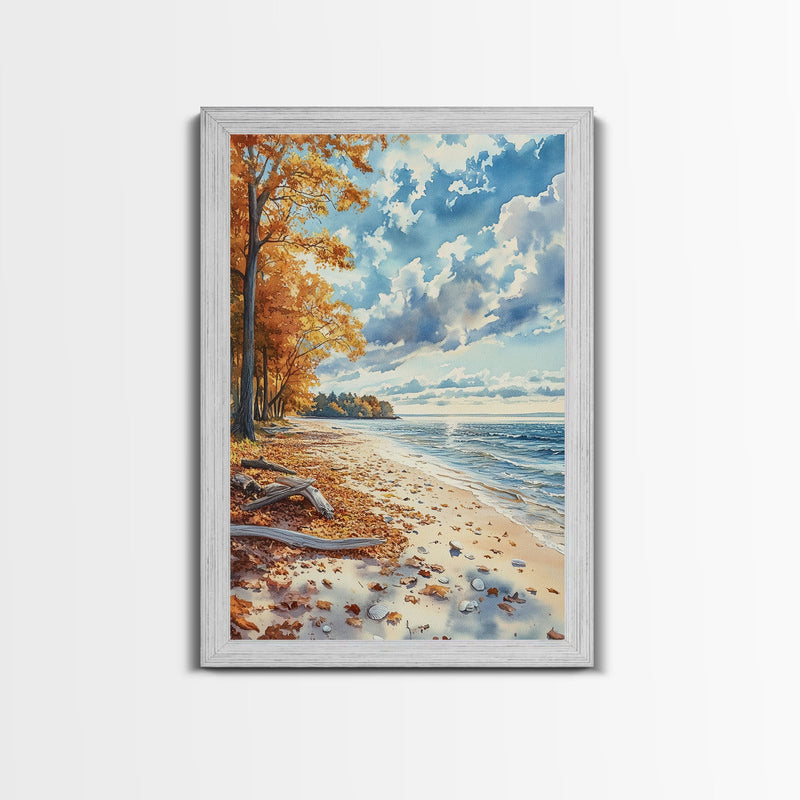 Autumn beach landscape with vibrant fall leaves and coastal breeze Framed Canvas Print perfect fall wall art for seasonal farmhouse decor