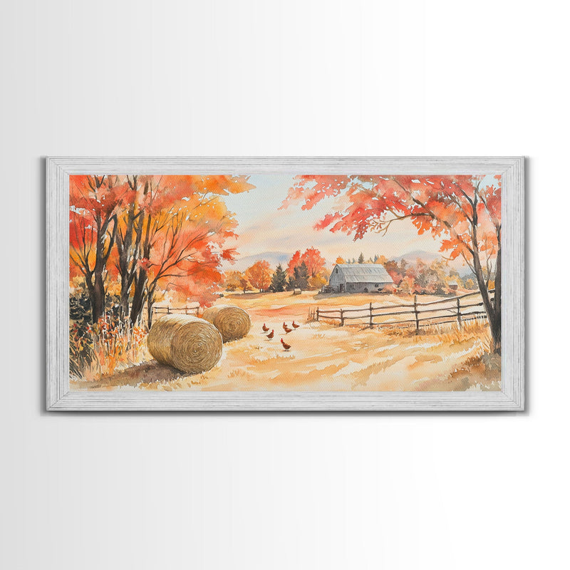 Autumn farmhouse decor Canvas Print fall landscape with barn and chickens harvest season gift idea rustic fall wall art holiday home decor