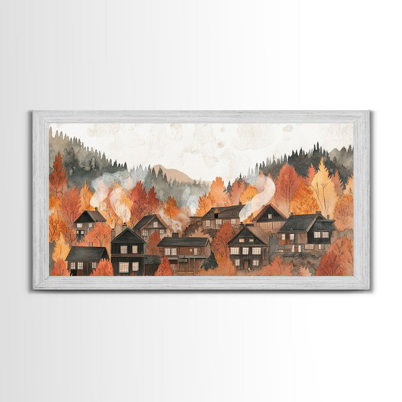 Autumn village decor Framed Canvas Print rustic village with fall trees cozy seasonal wall art gift idea moody landscape autumn home decor